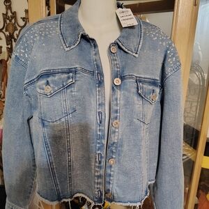 INC International Concepts Blue Jean Jacket with Studded Shoulders